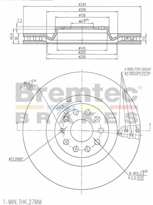 Bremtec Euro-Line Disc Brake Rotor (Pair) 340mm BDR22530EL Discs Bremtec - Micks Gone Bush