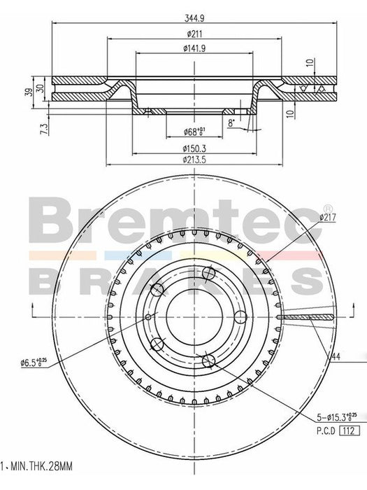 Bremtec Euro-Line Disc Brake Rotor (Single) 344.90mm BDR22560EL Discs Bremtec - Micks Gone Bush