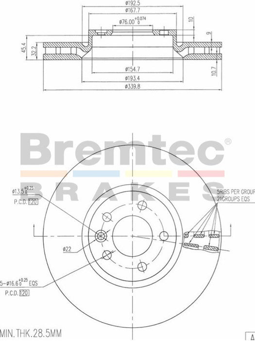 Bremtec Euro-Line High Grade Disc Brake Rotor (Pair) 344.8mm BDR22620ELH Discs Bremtec - Micks Gone Bush