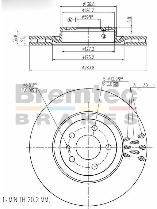Bremtec Euro-Line Disc Brake Rotor (Pair) 283.8mm BDR3850EL Discs Bremtec - Micks Gone Bush