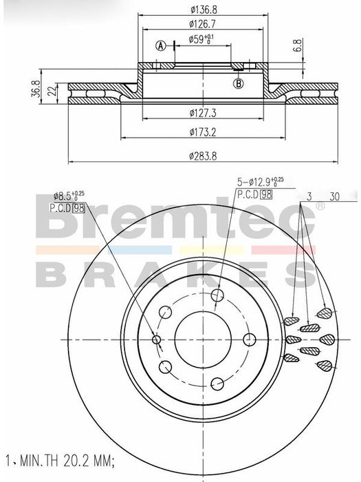 Bremtec Euro-Line Disc Brake Rotor (Pair) 283.8mm BDR3850EL Discs Bremtec - Micks Gone Bush