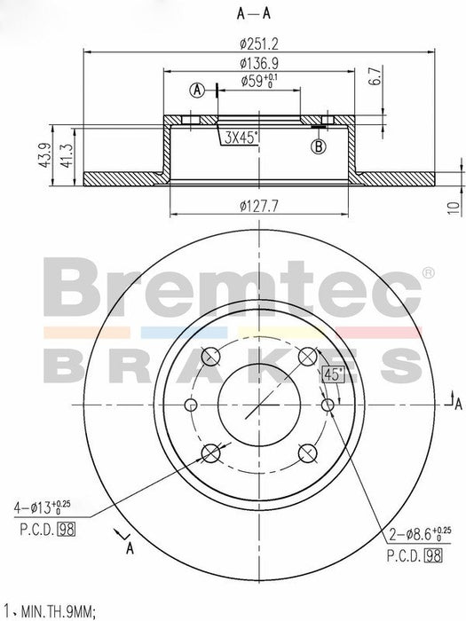 Bremtec Euro-Line Disc Brake Rotor (Pair) 251.2mm BDR3890EL Discs Bremtec - Micks Gone Bush