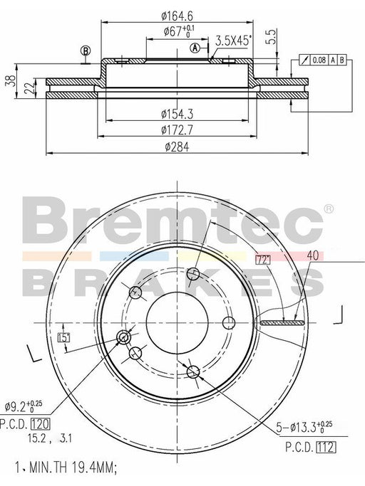 Bremtec Euro-Line Disc Brake Rotor (Pair) 284mm BDR7410EL Bremtec - Micks Gone Bush