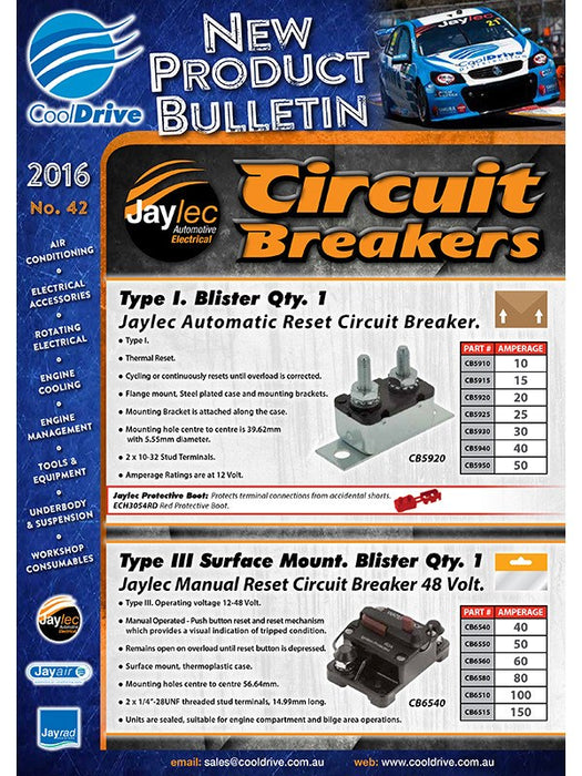 Jaylec Circuit Breaker 50Amp Manual Reset Type III Surface Mount 1/4"-28 CB6550 Circuit Breakers Jaylec - Micks Gone Bush