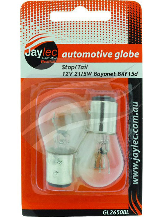 Jaylec Pack 2 Bayonet Globe Bay15D 12V 21/5W Bay15D-P21/5W Blister Pk GL2650BL Light Bulbs Jaylec - Micks Gone Bush
