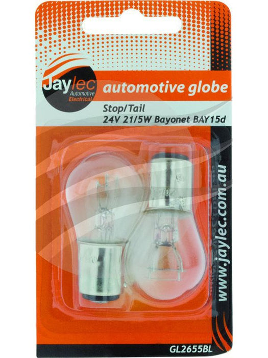 Jaylec Pack 2 Bayonet Globe Bay15D 24V 21/5W Bay15D-P21/5W Blister Pk GL2655BL Light Bulbs Jaylec - Micks Gone Bush