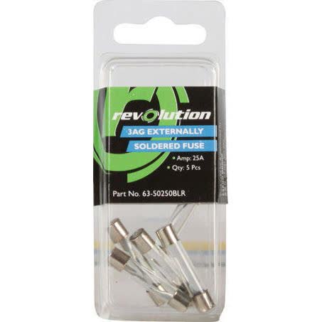Revolution Glass Fuse 3AG 25A 5 Pack Part No. 63-50250BLR FUSE REVOLUTION - Micks Gone Bush