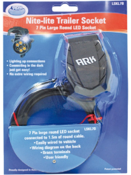 ARK 7 Pin Large Round Trailer Socket with Light 1.25M Cable Nite-Lite LSKL7B ARK - Micks Gone Bush