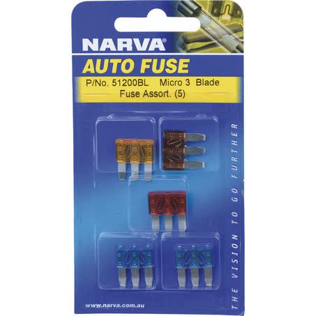 Narva Micro 3 Blade Fuse Assortment 5 Pack Part No. 51200BL FUSE ASSORTMENT NARVA - Micks Gone Bush