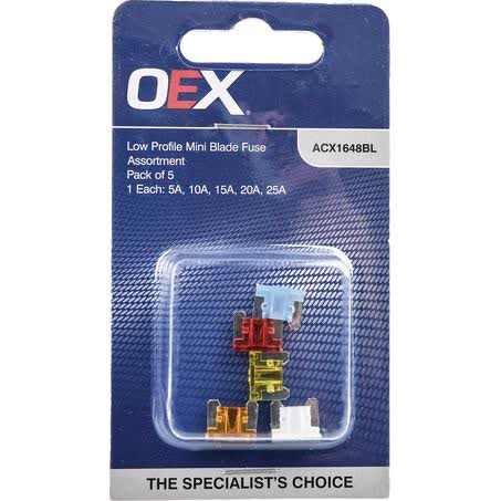 OEX Low Profile Mini Blade Fuse Assortment Pack Of 5 5A 10A 15A 20A 25A Part No. ACX1648BL FUSE ASSORTMENT OEX - Micks Gone Bush