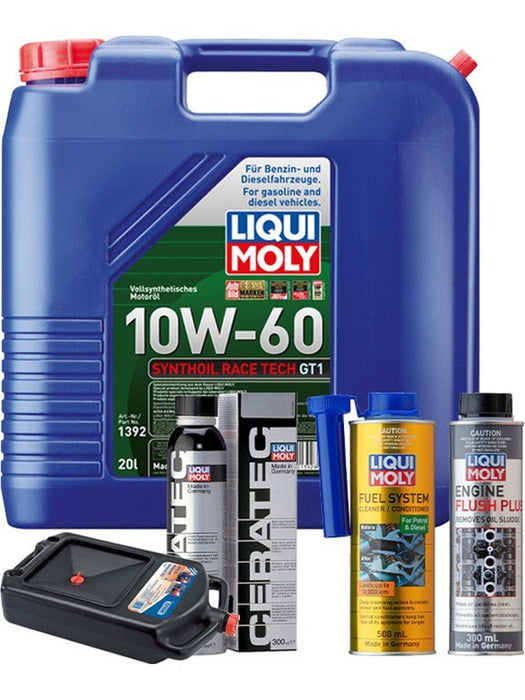 LIQUI MOLY Synthoil Race Tech GT1 10W-60 20L Platinum Service Kit + 8L Drip Tray MGB-KIT-MIX-238 Mixed - Micks Gone Bush