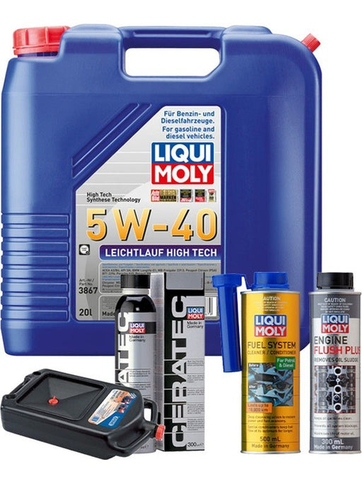 LIQUI MOLY Leichtlauf High Tech 5W-40 20L Platinum Service Kit + 8L Drip Tray MGB-KIT-MIX-245 Mixed - Micks Gone Bush