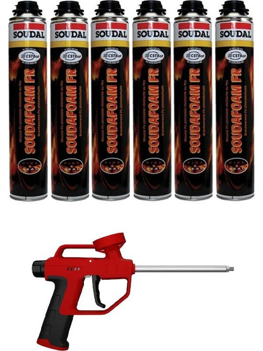 Soudal Soudafoam Fire Retardant PU Foam Hi Yield Gun Screw Top Pink 750ml 6 Pack + Gun Kit MGB-KIT-SOU-268 Soudal - Micks Gone Bush