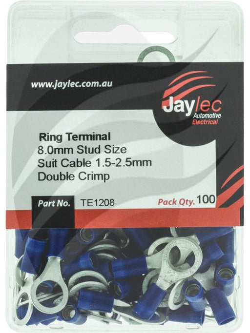 Jaylec Pck 100 Ring Terminal 8mm Insul Pvc Copper Sleeve Blue TE1208 Ring Terminals Jaylec - Micks Gone Bush