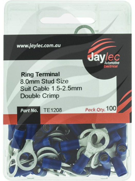 Jaylec Pck 100 Ring Terminal 8mm Insul Pvc Copper Sleeve Blue TE1208 Ring Terminals Jaylec - Micks Gone Bush