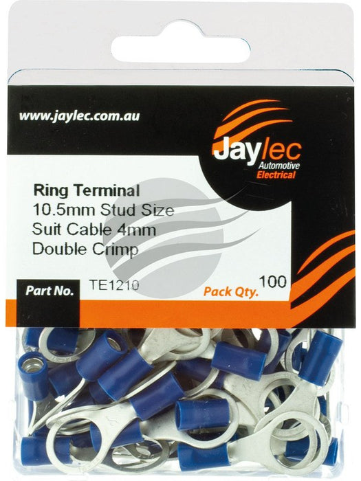 Jaylec Pack 100 Ring Terminal 10mm Insul Pvc Double Crimp Blue TE1210 Ring Terminals Jaylec - Micks Gone Bush