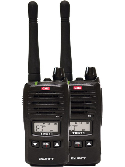GME 2 Watt Twin Pack Uhf Cb Handheld Radio 80 Channel Complete Package TX677TP GME - Micks Gone Bush
