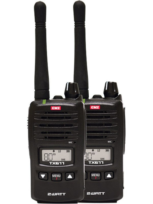 GME 2 Watt Twin Pack Uhf Cb Handheld Radio 80 Channel Complete Package TX677TP GME - Micks Gone Bush