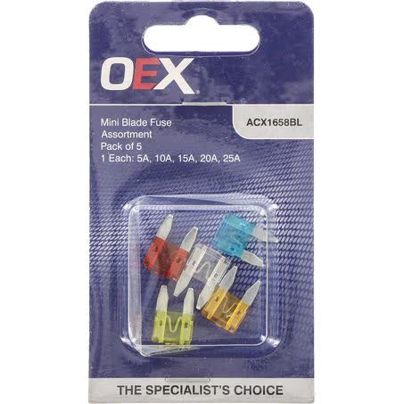 OEX Mini Blade Fuse Assortment Pack Of 5 5A 10A 15A 20A 25A Part No. ACX1658BL FUSE ASSORTMENT OEX - Micks Gone Bush