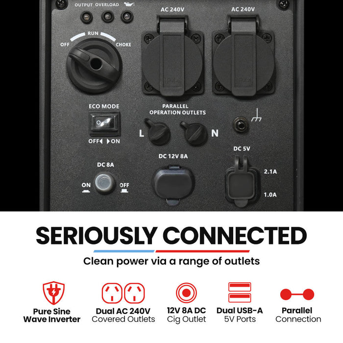 GENPOWER 2.3kW Peak 1.8kW Inverter Generator, 2x15A, 12V, USB, Outdoor Recreation > Camping > Batteries & Generators Micks Gone Bush - Micks Gone Bush