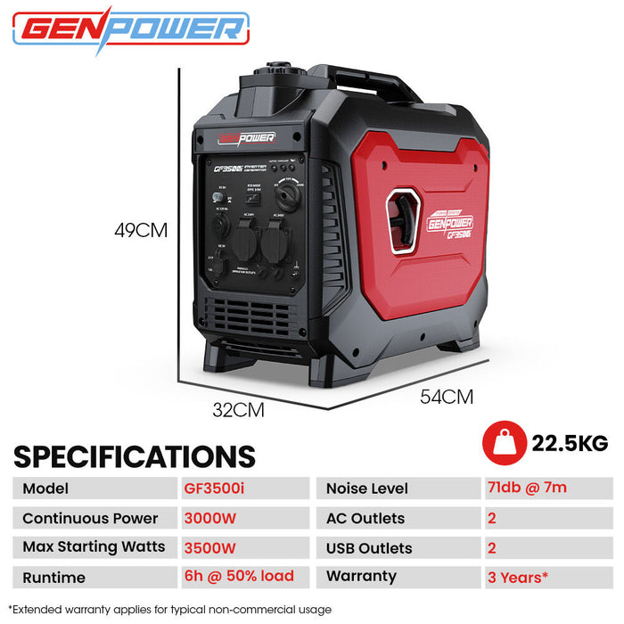 GENPOWER 3.5kW Peak 3kW Enclosed Inverter Generator Outdoor Recreation > Camping > Batteries & Generators Micks Gone Bush - Micks Gone Bush
