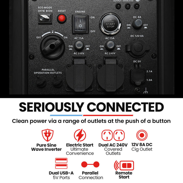 GENPOWER 4.7kW Peak 3.8kW Inverter Generator Push Button & Remote Start Outdoor Recreation > Camping > Batteries & Generators Micks Gone Bush - Micks Gone Bush