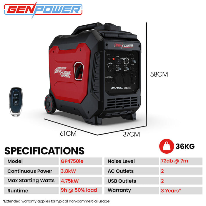 GENPOWER 4.7kW Peak 3.8kW Inverter Generator Push Button & Remote Start Outdoor Recreation > Camping > Batteries & Generators Micks Gone Bush - Micks Gone Bush