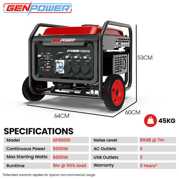 GENPOWER 6kW Peak 5kW Open Frame Inverter Generator Outdoor Recreation > Camping > Batteries & Generators Micks Gone Bush - Micks Gone Bush