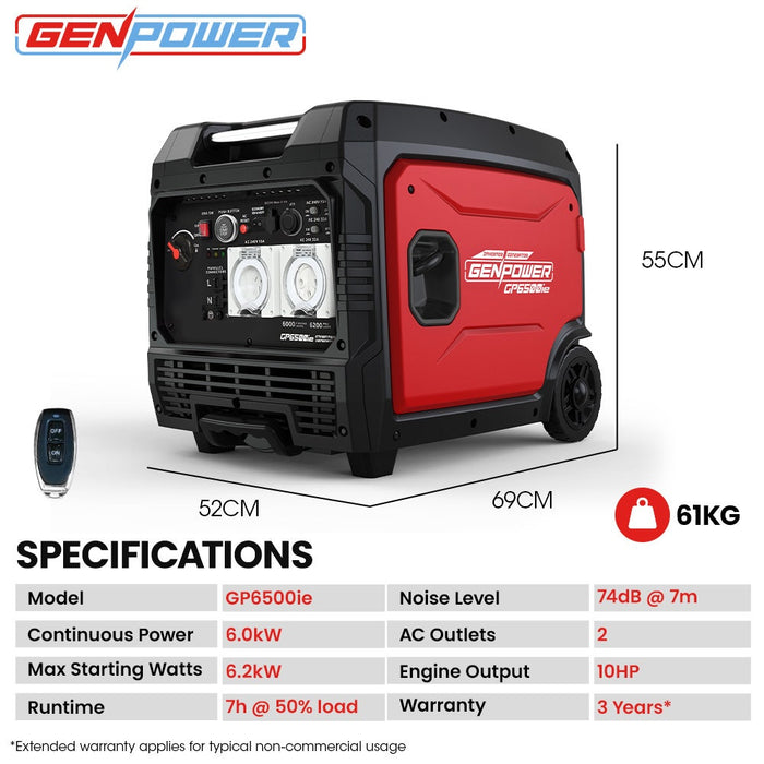 GENPOWER 6.2kW Peak 6.0kW Inverter Generator Push Button & Remote Start Outdoor Recreation > Camping > Batteries & Generators Micks Gone Bush - Micks Gone Bush