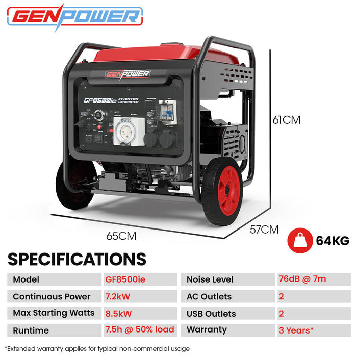 GENPOWER 8.5kW Peak 7.2kw Open Frame Inverter Generator, Push-Button Start Outdoor Recreation > Camping > Batteries & Generators Micks Gone Bush - Micks Gone Bush