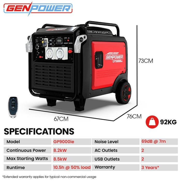 GENPOWER 8.5kW Peak 8.2kW Inverter Generator Push Button & Remote Start Outdoor Recreation > Camping > Batteries & Generators Micks Gone Bush - Micks Gone Bush