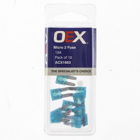 OEX Micro 2 Blade Fuse 15A Blue Pack Of 10 Part No. ACX1663 FUSE OEX - Micks Gone Bush