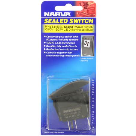 Narva Sealed Rocker Switch Off/on Spst 12V/24V Blue LED 20A 63159BL SWITCH NARVA - Micks Gone Bush