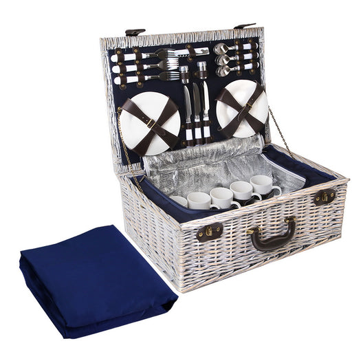 Luxury 6-Person Willow Picnic Basket Set with Cooler Bag and Insulated Blanket - Navy Blue Outdoor > Picnic Micks Gone Bush    - Micks Gone Bush