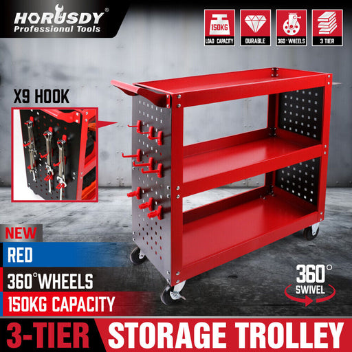 Red Steel 3-Tier Tool Cart with Drawer and Pegboard Hooks - Heavy-Duty Toolbox for Garage and Workshop Organization Tools > Tools Storage Micks Gone Bush    - Micks Gone Bush